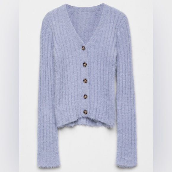 Brandy Melville Sweaters - WHITE FAWN Ribbed Fuzzy Periwinkle Cardigan